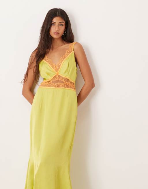 Never Fully Dressed Mimi satin and lace trim slip midaxi dress in lime and orange, 2 of 4