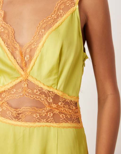 Never Fully Dressed Mimi satin and lace trim slip midaxi dress in lime and orange, 3 of 4