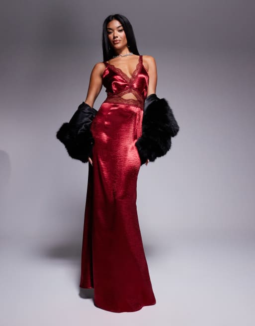 Never Fully Dressed Mimi satin midaxi dress in burgundy 