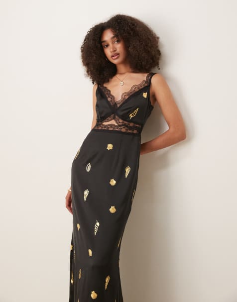 Never Fully Dressed Mimi slip midaxi dress in black and gold shell - view 1