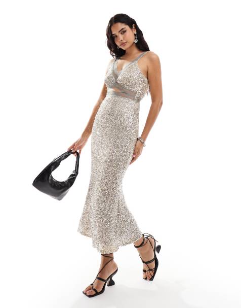 Never Fully Dressed - Mimi - Vestito con gonna al polpaccio con paillettes argento e pizzo - view 1