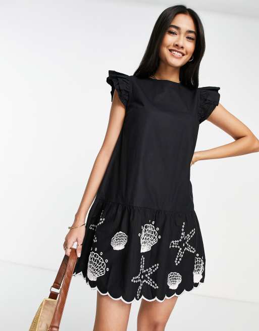 Never Fully Dressed - Mini jurk met geborduurde schelpenprint in zwart