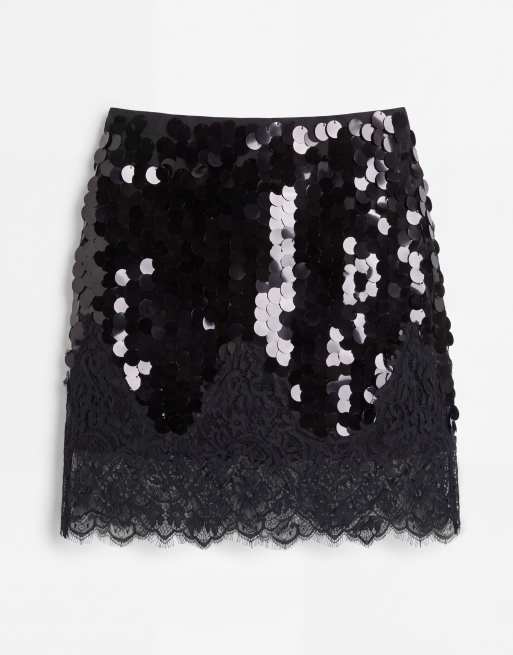 Never Fully Dressed minigonna con paillettes e orlo in pizzo nera, 6 di 9