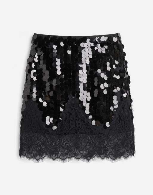 Never Fully Dressed minigonna con paillettes e orlo in pizzo nera, 7 di 9