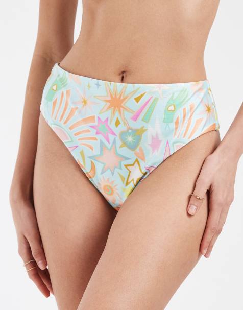 Never Fully Dressed – Mix & Match – Bikinihose in Blau mit hoher Taille und Sonnenmuster, Kombiteil - view 1