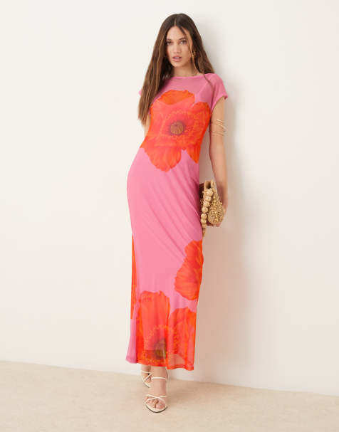 Never Fully Dressed - Mouwloze maxi jurk van mesh met klaproosprint in roze en oranje - view 1