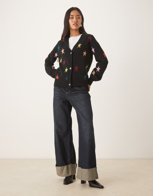Never Fully Dressed multi-color star knit cardigan in black