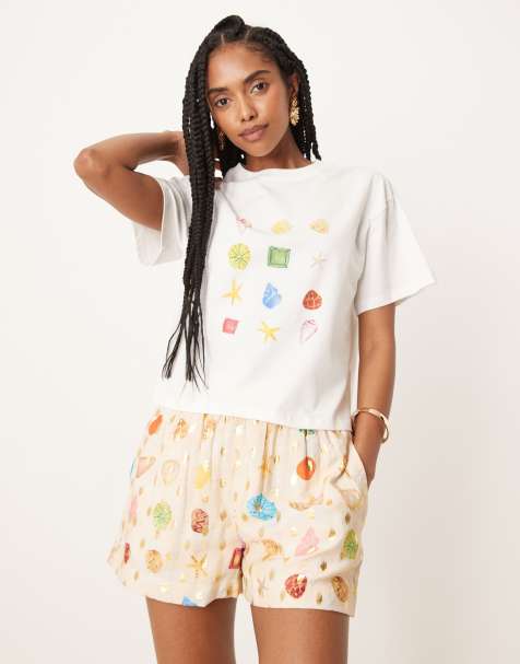 Never Fully Dressed multi-colour shell print shorts in cream (part of a set) - view 1