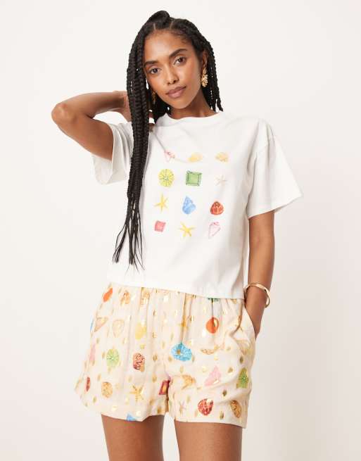Never Fully Dressed multi-colour shell print shorts in cream (part of a set)
