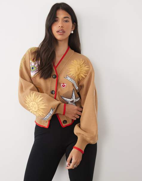 Never Fully Dressed - Mystical - Cardigan color cammello ricamato con bordi a contrasto - view 1