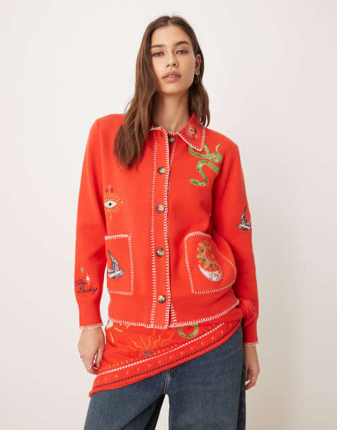 Never Fully Dressed mystical embroidered longline boxy cardigan in red (Part of a set) - view 1