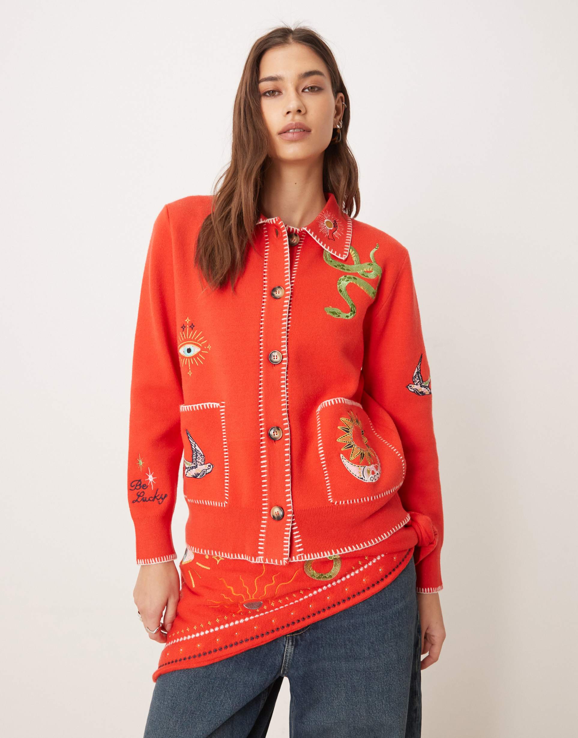 never fully dressed mystical embroidered longline boxy cardigan in red - part of a set