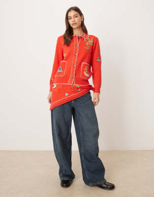 Never Fully Dressed Mystical Embroidered Longline Boxy Cardigan In Red