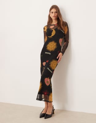 Never Fully Dressed Never Fully Dressed mystical print mesh maxi dress in black