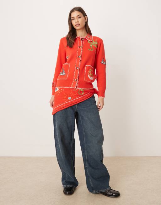 Never Fully Dressed – Mystical – Röd, lång kofta med broderi och boxig passform, del av set, 2 av 4