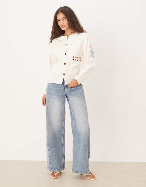Never Fully Dressed neon embroidered cardigan in cream, 3 of 4