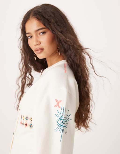 Never Fully Dressed neon embroidered cardigan in cream, 4 of 4
