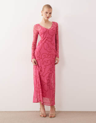 Never Fully Dressed - Netzstoff-Maxikleid in Rosa mit V-Ausschnitt