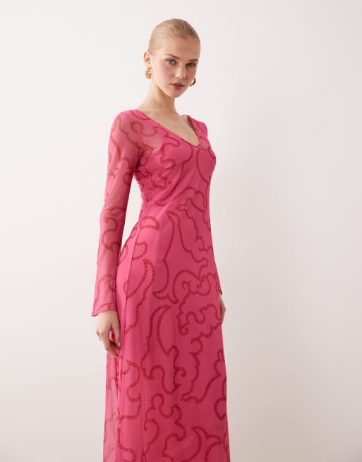 Never Fully Dressed – Netzstoff-Maxikleid in Rosa mit V-Ausschnitt, 4 von 4
