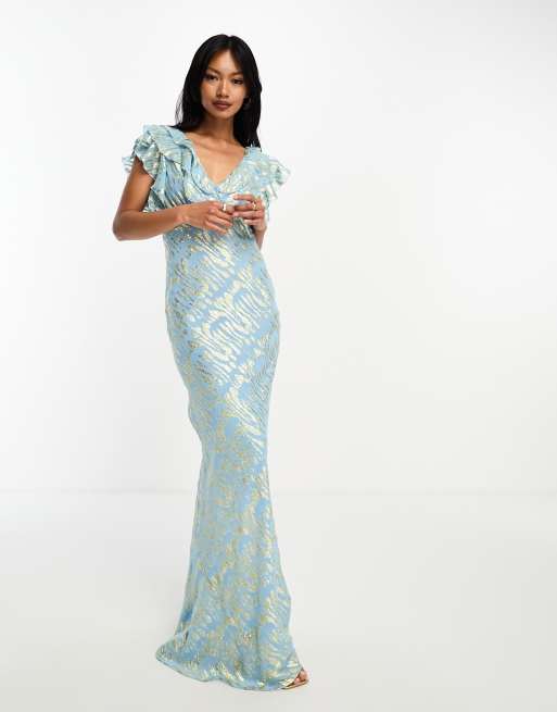 Never Fully Dressed – Niebieska sukienka maxi z falbankami w metaliczny żakardowy wzór