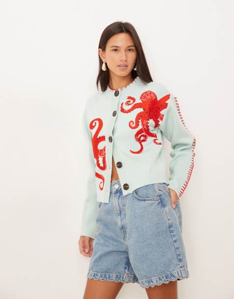 Never Fully Dressed octopus embroidered cardigan in blue and red