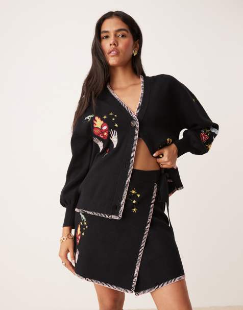 Never Fully Dressed night garden embroidered mini skirt co-ord in black - view 1