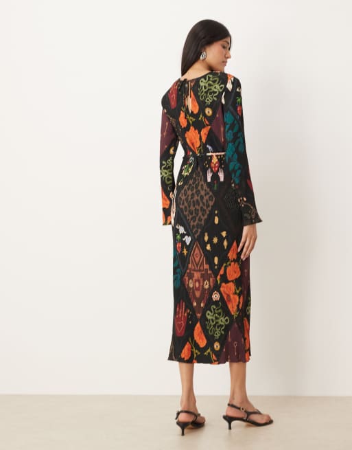 printed plisse flare sleeve midaxi dress Multi Abstract Plisse Flare Sleeve Midaxi Dress