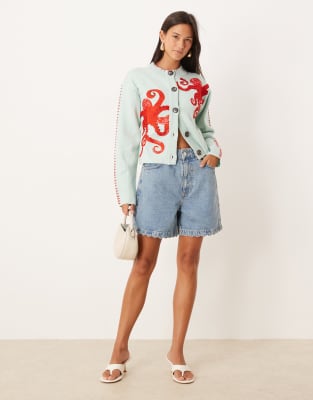 Never Fully Dressed Octopus Embroidered Cardigan In Blue