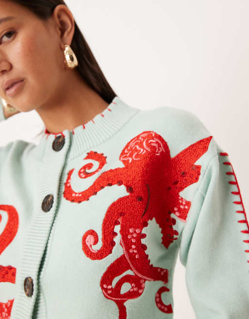 Never Fully Dressed octopus embroidered cardigan in blue and red