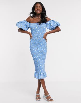 blue floral midi dress with sleeves