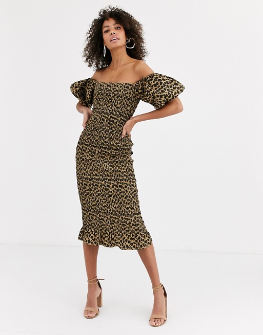 Never Fully Dressed off shoulder blouson sleeve shirred midi dress in leopard print
