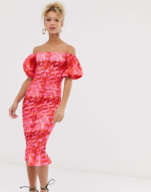 Never Fully Dressed off shoulder blouson sleeve shirred midi dress in pink abstract print