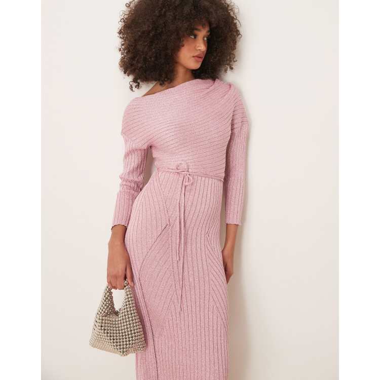 Never Fully Dressed off shoulder knit maxi dress in baby pink | ASOS