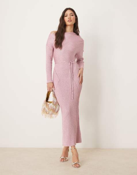 Never Fully Dressed off shoulder knitted maxi dress in baby pink - view 1