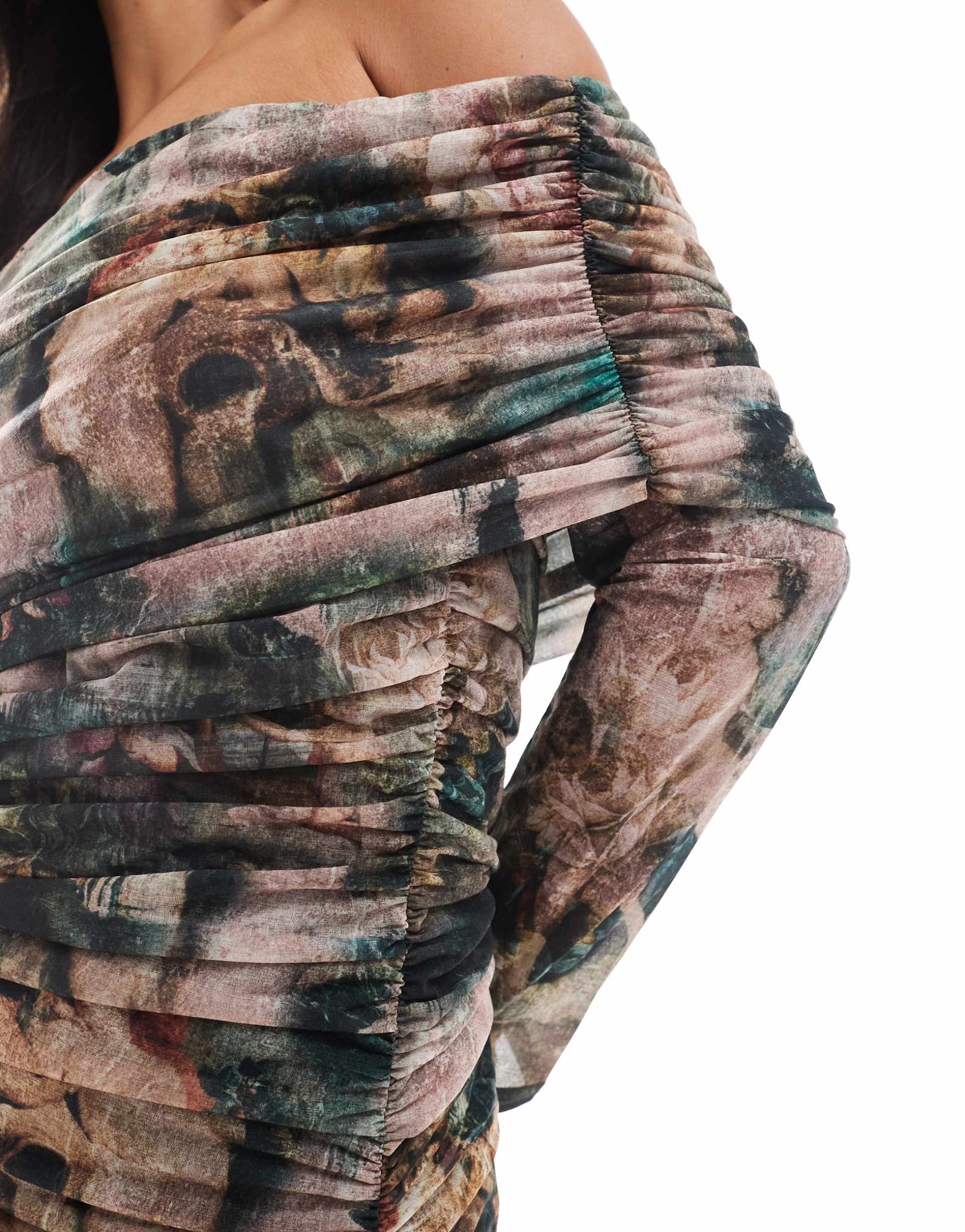 never fully dressed off shoulder mesh midaxi dress in cherub print