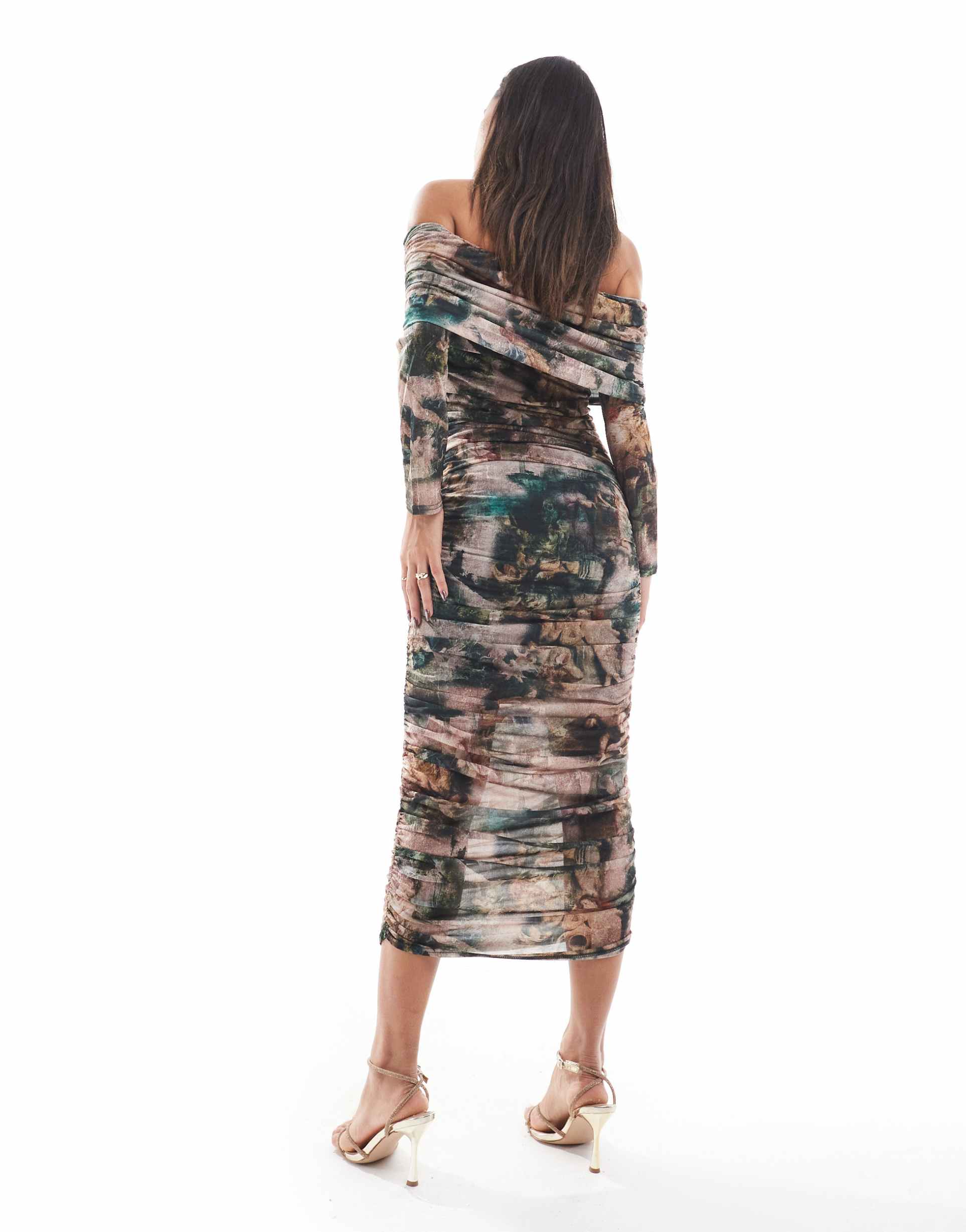 never fully dressed off shoulder mesh midaxi dress in cherub print