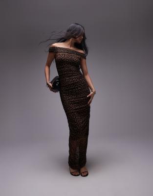 Never Fully Dressed Off Shoulder Ruched Mesh Midaxi Dress In Leopard Print-brown
