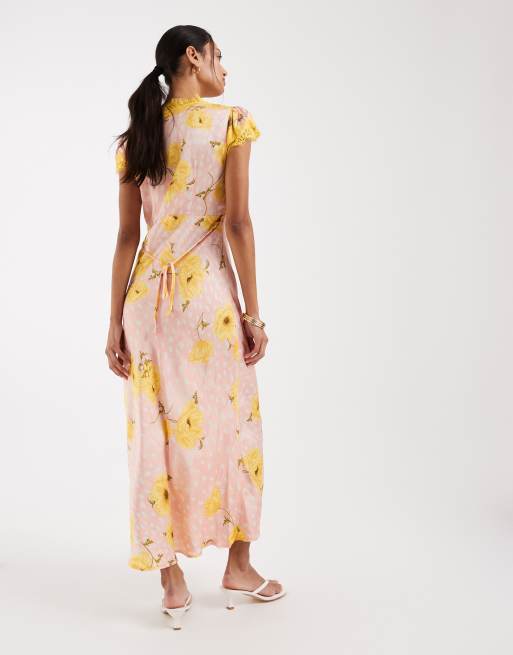 Never Fully Dressed – Olivia – Sukienka maxi z dekoltem V i wzorem w kropki i żółte maki , 4 z 4