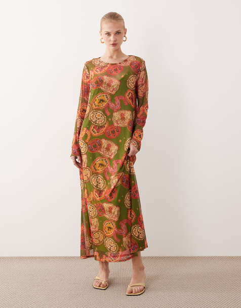 Never Fully Dressed – Oliwkowa, siateczkowa sukienka maxi w kowbojski wzór - view 1