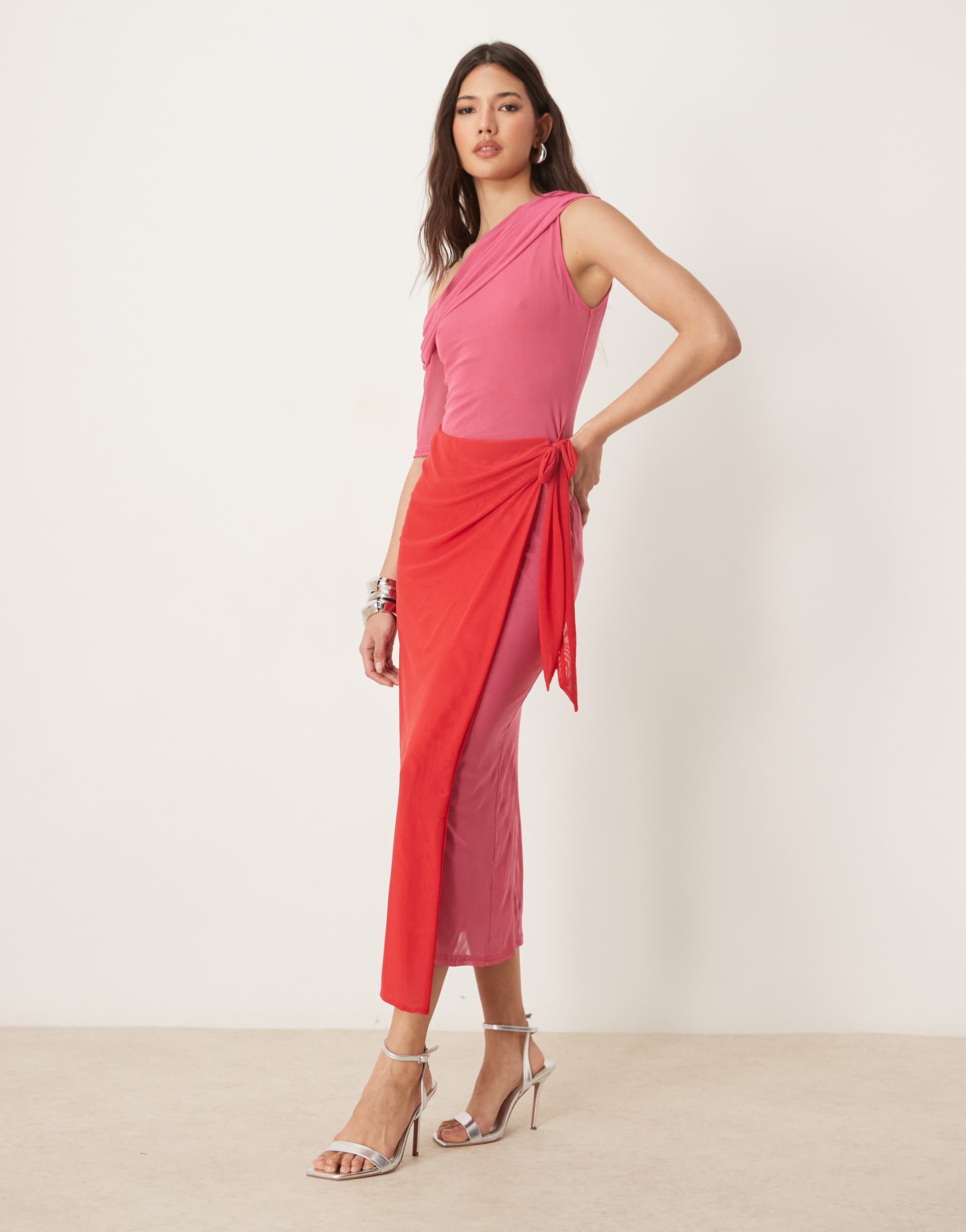 never fully dressed one shoulder contrast midaxi dress in red and pink