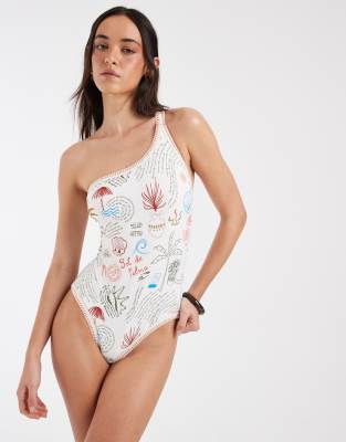 Never Fully Dressed Never Fully Dressed one shoulder swimsuit in cream palm print-White