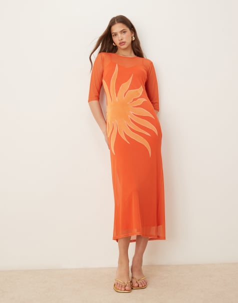 Never Fully Dressed – Orange midaxiklänning i mesh med soltryck - view 1