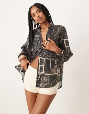 Never Fully Dressed - Oversize-Hemd in Schwarz mit Palmenprint, Kombiteil