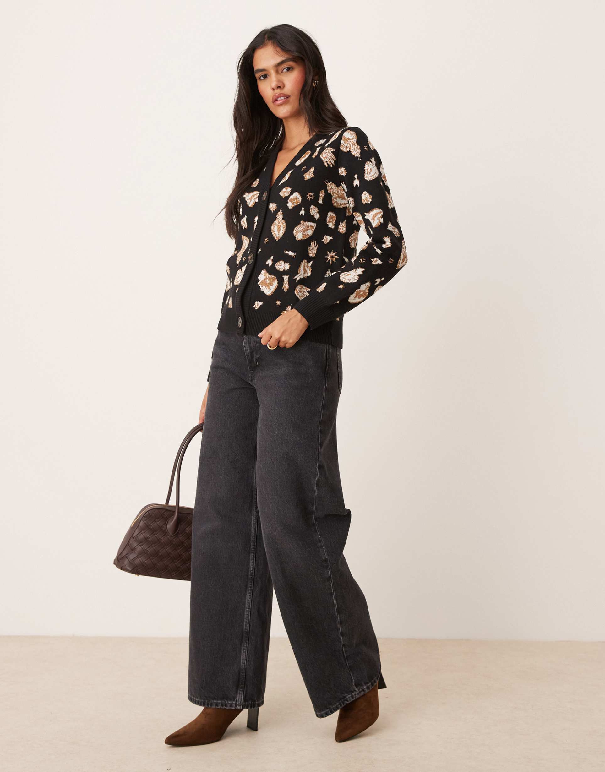 never fully dressed oversized jacquard knit cardigan in black and gold