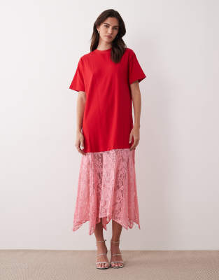 Never Fully Dressed Oversized Jersey T-shirt Lace Skirt Maxi Dress In Red