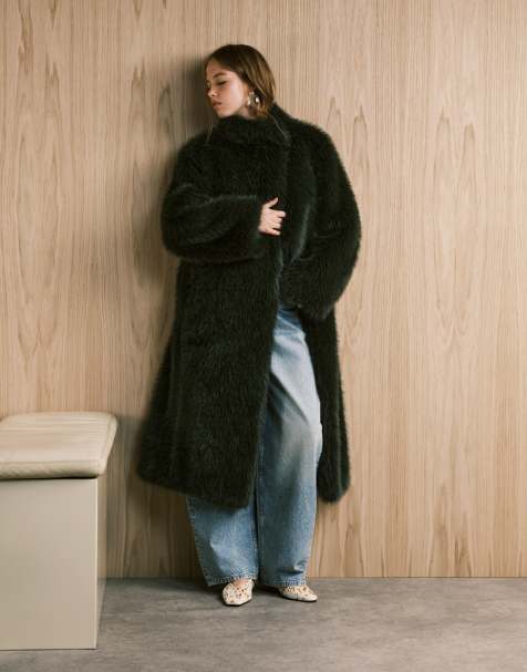 Never Fully Dressed oversized longline faux fur coat in bottle green - view 1