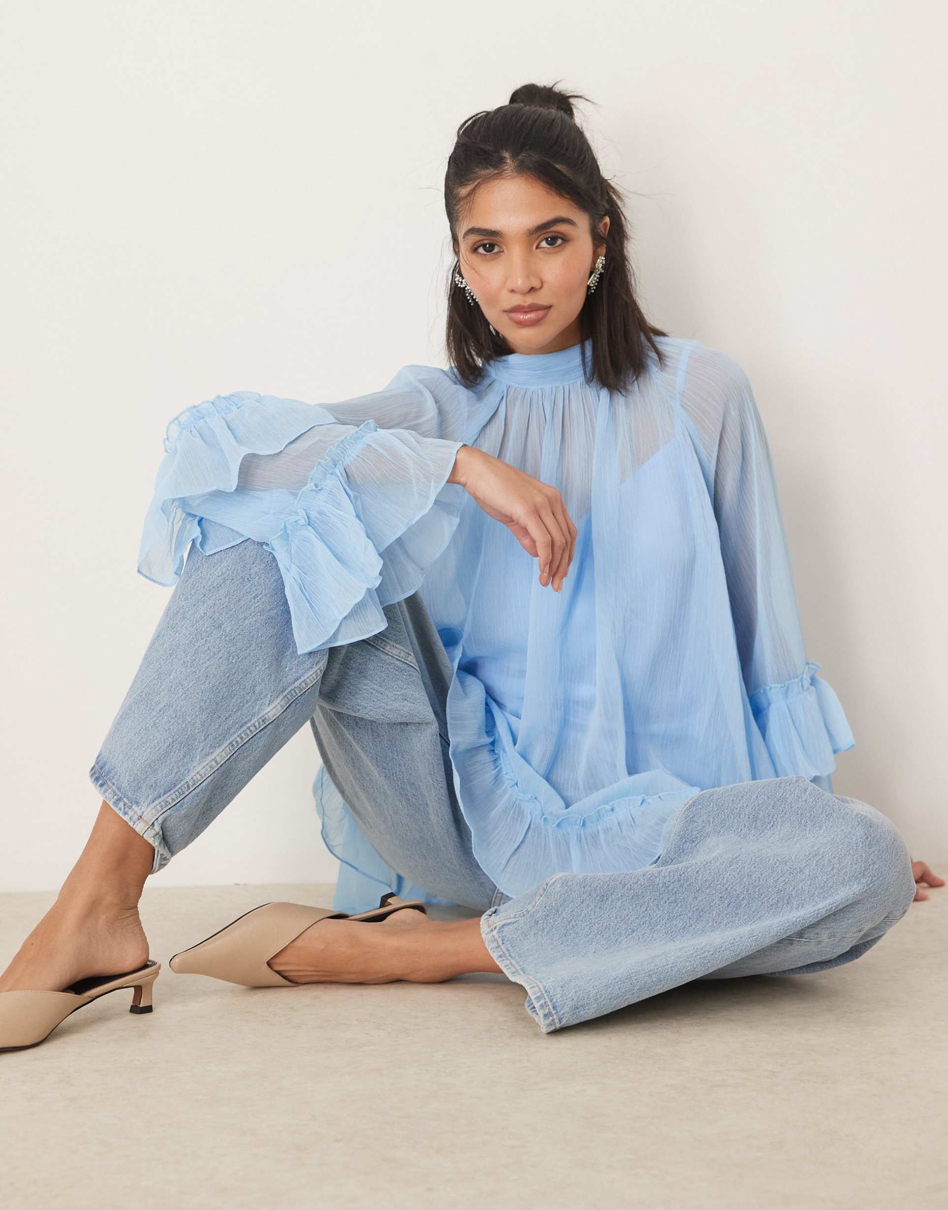 never fully dressed oversized ruffle top in powder blue