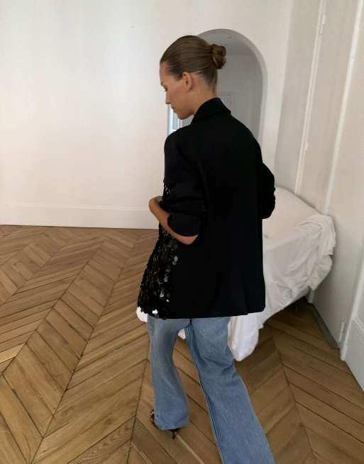 Never Fully Dressed oversized skræddersyet blazer med diskosequins i sort, 2 af 4