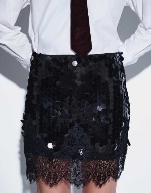 Never Fully Dressed paljettminikjol med spetsfåll i svart, 5 av 9