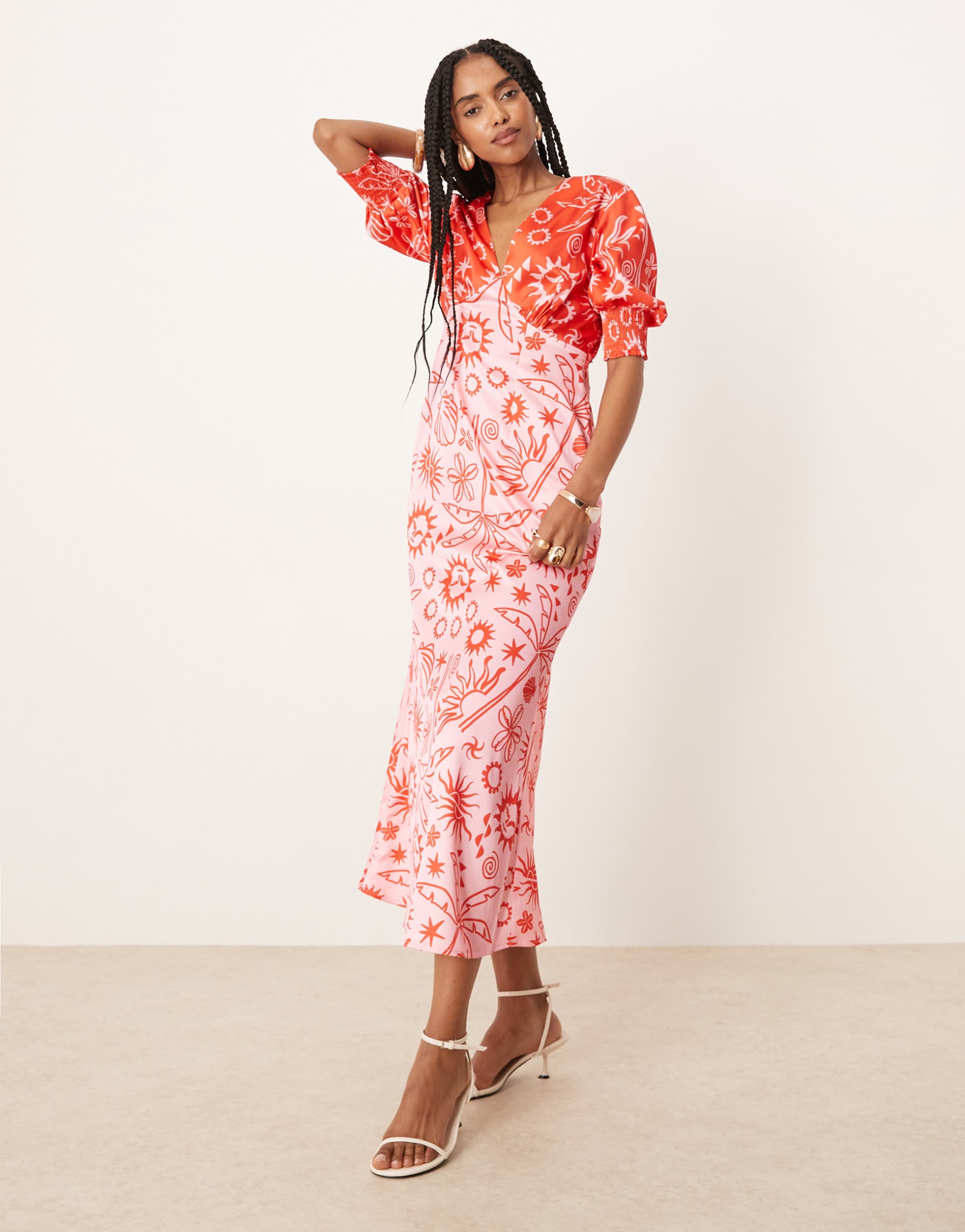 never fully dressed palm print contrast midaxi dress in red and pink